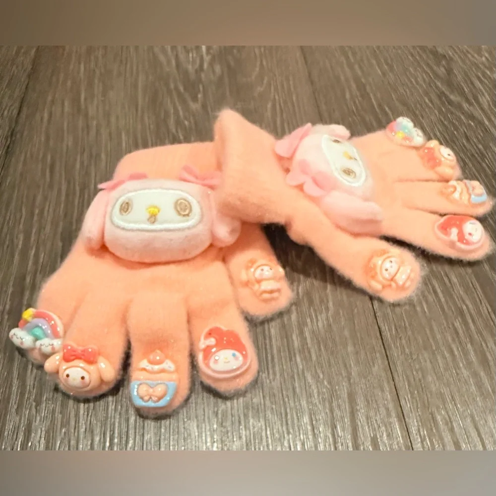 Sanrio My Melody pink plush winter gloves.